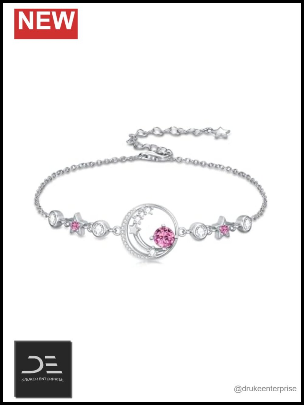 Sterling Silver Moon Star Birthstone Charm Link Bracelet 7" Extendable Women